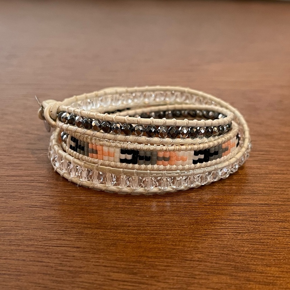 Beaded Wrap Bracelet White Peach Black Gray